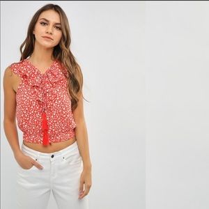 Moon River RUFFLED NECK TOP WITH FRONT LACE DETAIL